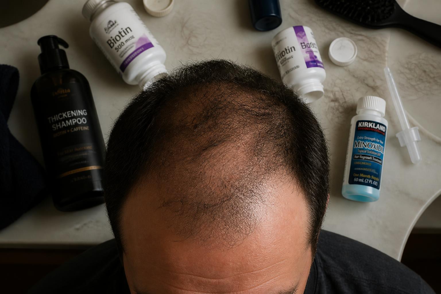 Pile of failed hair loss products on a bathroom counter